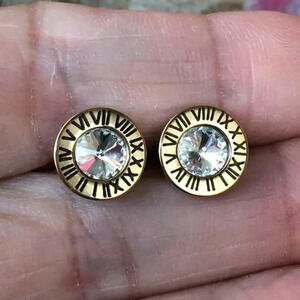 Gold Roman Numerals Designer Style AAA Zircon Stud Earrings NWT